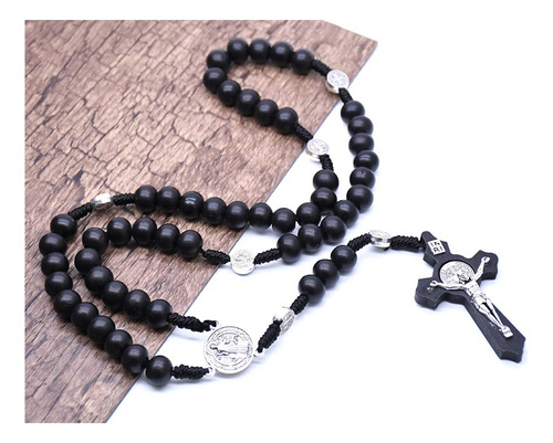 Collar Religioso De Cruz De Madera Negra Con Rosario Católic