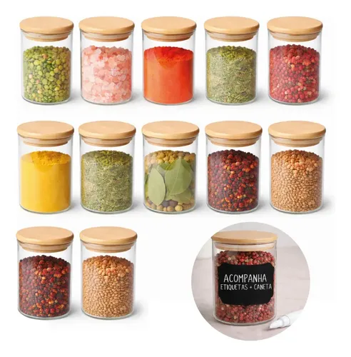 Kit De 12 Potes Herméticos Vidro Tampa Bambu 200ml Sem Cor