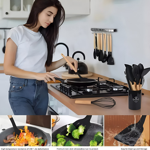 Set De 12 Utensilio De Cocina Mango Madera Punta Silicona Negro