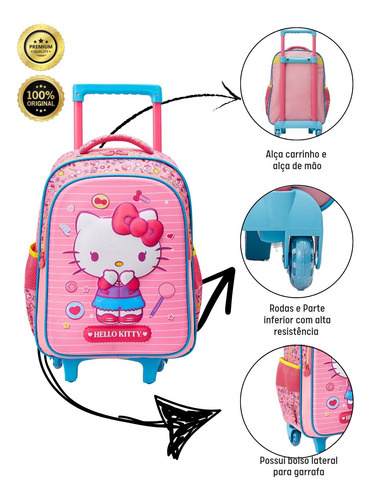 Kit Escolar Mochila Com Rodas+lancheira+estojo Hello Kitty