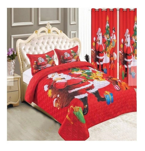 Imagen 4 de 4 de Cubrecama Verano Navidad Cobertor Quilt 2 Plazas + Cortinast