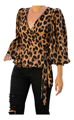 Camisa De Oficina Con Cuello En V Y Estampado De Leopardo Pa