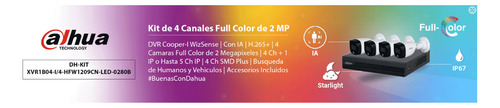 Kit Mextec Full Color De 2 Mp- 4 Cámaras Hfw1209cn-led, Dvr 4 Ch Cooper-i Wizsense, Ia, H.265 + 1 Ip (o Hasta 5 Canales Ip). Búsqueda Avanzada De Humanos Y Autos Con Balums