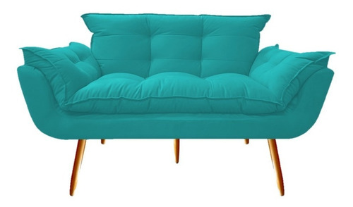 Namoradeira + 2 Poltronas + Puf Opala Suede Azul Turquesa Sala