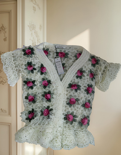 Sweater Lana Mohair Crochet Calado Flores Rosas 3d Y Brillos