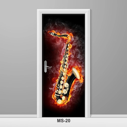 Adesivo Para Porta Música Saxofone Clássico Em Chamas Ms-20