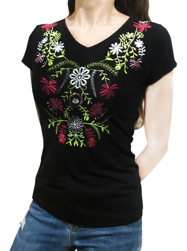 Blusa Manga Corta Bordado Flores 824