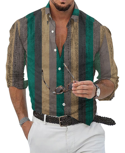 Camisa De Manga Larga A Rayas Con Botones Y Botones Para Hom