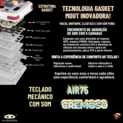 Teclado Mecânico Gamer Gasket Magegee Air75 Panda Sem Fio 3 modos Wireless 2,4G Bluetooth e com fio switches pré-lubrificados