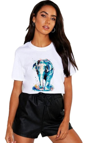 Polera Dama Estampada 100%algodon Diseño Elefante Azul