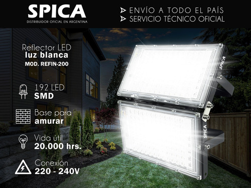 Reflector 200w Exterior Alta Potencia Spica Refin-200 192led Negro Blanco Frío