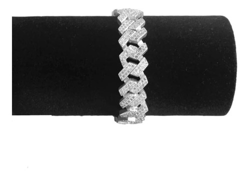 Pulseira 14mm Cravejada Quadrada Prata 925 Maciça 19 Cm