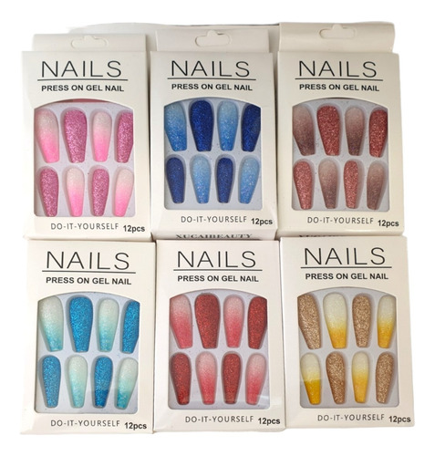 6 Set De Uñas Press On - Degrade Glitter Con Adhesivos