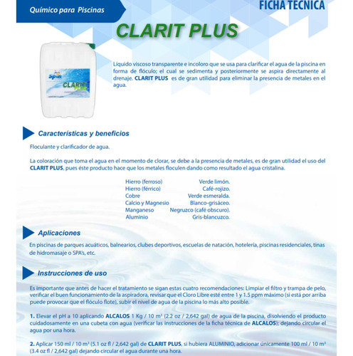 Spin Clarit Plus Para Alberca 1 Litro Blanco
