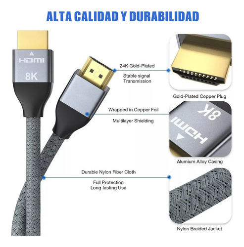 Cabo HDMI 4K Cabo HDMI para TV Entrada HDMI Conector HDMI 2 metros Cabo HDMI 2.1 Vídeo completo 4k 120 hz 8k 60 hz 48 gbps para laptop Ps5 Xbox Silver Tv Jeeyee