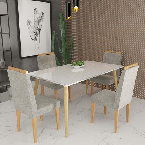 Conjunto De Mesa 160x90 Veneza Com Vidro E 4 Cadeiras Onix Cor Branco/bege Escuro