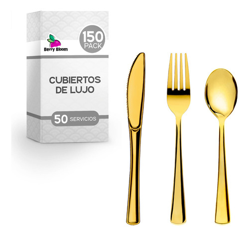 Berry Bloom Set De 150 Cubiertos De Plástico Reutilizables 50 Tenedores, 50 Cuchillos Y 50 Cucharas Elegantes, Perfectos Para Cumpleaños, Banquetes, Catering, Reuniones, Fiesta, Bodas (dorado)