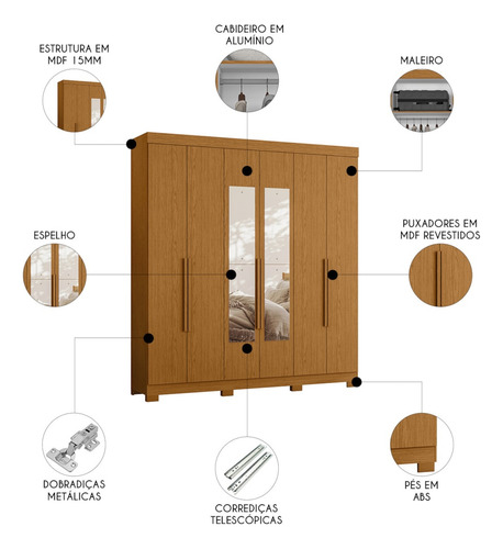 Guarda Roupa Casal 200cm Com Espelho Viny A02 Cinamomo - Mpo Cor Marrom amarelado
