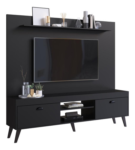 Rack Com Painel Retrô Tv 70 2 Portas Multimóveis Cr45194 Cor Preto