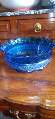 Antiguo Centro De Mesa Frutera Vidrio Azul Turquesa N112