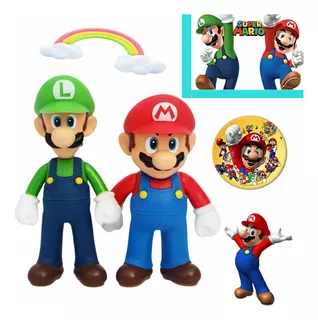 2 Muñeco Super Mario Bros Luigi Fiesta Regalo+chapa,kit 3pcs