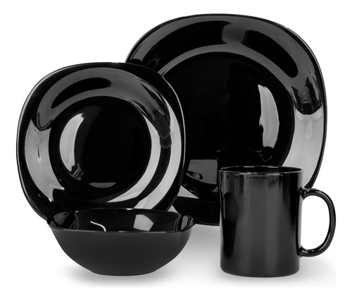 Set De Vajilla Vidrio Opal Negro 16 Piezas Negro Lisa