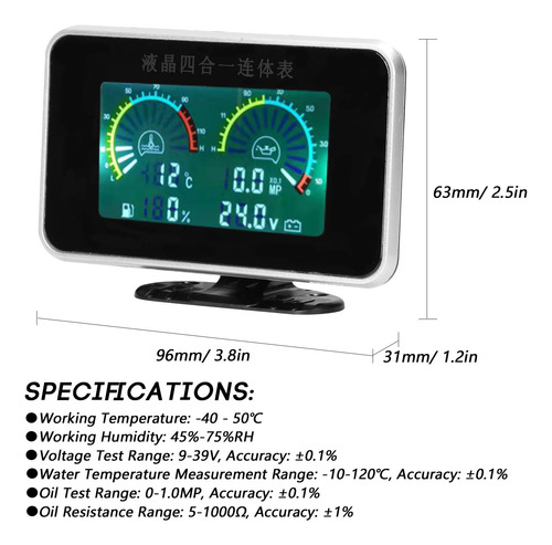 Medidor Digital 4-en-1 Lcd Para Coche: Presión Aceite, Volta