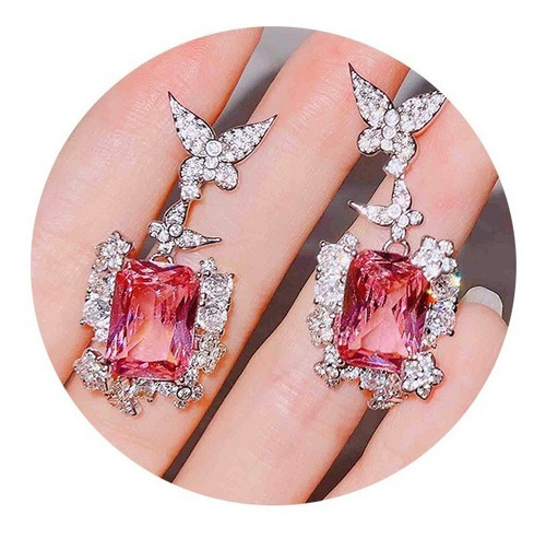 Aros Arete Pendiente Mariposa Con Circón Rosado Elegante