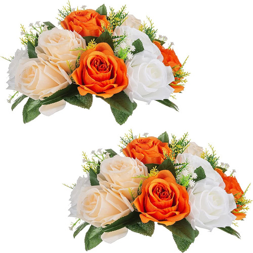 Flores Artificiales De Rosas, Naranja Y Blanca Pack 2u.