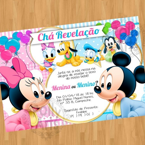 Imagem 1 de 1 de Arte Convite Digital Vi Chá Revelação Turma Do Mickey Minnie