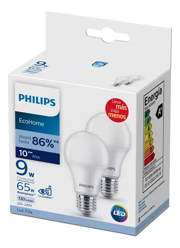 Pack 2 Ampolletas Philips Eco Home Led Bulb 9w E27 Luz Fría