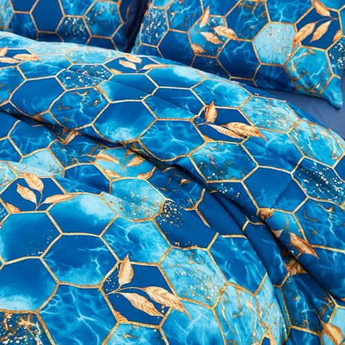 Juego De Cama Matrimonial Estampado Mármol Azul Y Dorado
