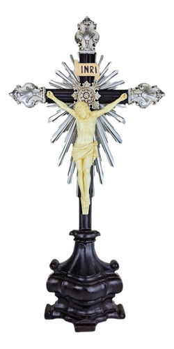 Crucifixo Resina Barroco Estilo Antigo Cor Marfim 73cm Prata