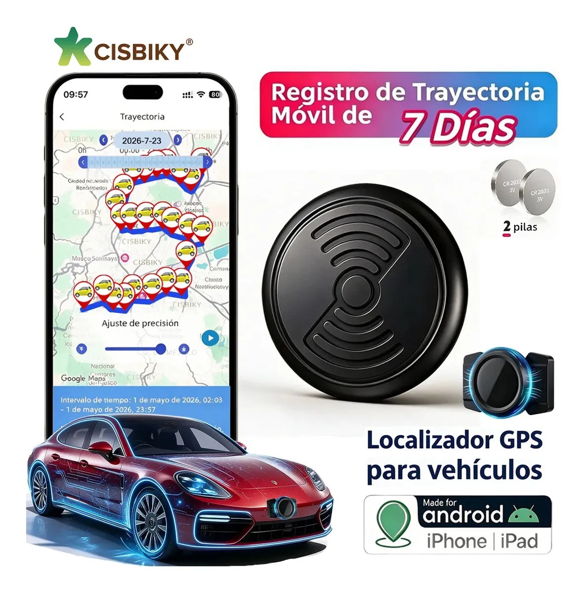 CISBIKY Mini Localizador Rastreador Tracker GPS, 7 Días Registro De Ruta Trayectoria, 2 Pilas 1 Año, Con Magnética Imán, Android Smart Tag Y iPhone iOS Airtag, Para Auto Moto Carros Bicicleta Vehículo