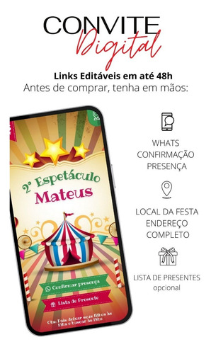 Convite Digital Festa Circo Botões Clicáveis Whats Pdf