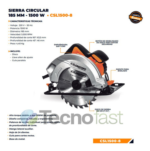 Sierra Circular Lusqtoff 1500w Disco 7 1/4 184 Mm Csl1500-8