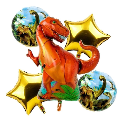 Set 5 Globos Tiranosaurio Rex 80cm 3d+4metalizados 45cm