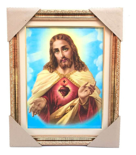 Quadro Sagrado Coração De Jesus Com Vidro E Moldura 52x42 Cor Dourado Cor Da Armação Dourado