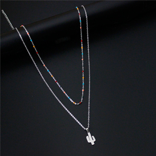 Collar Con Colgante De Cactus Simple De Doble Capa Y Cadena
