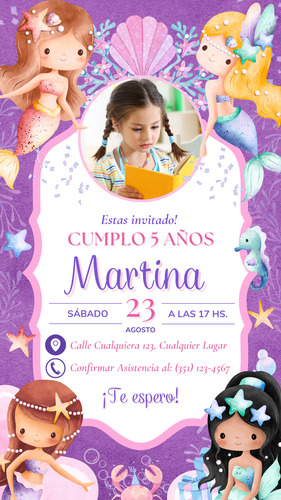 Tarjeta De Invitacion Digital Con Foto Sirenitas Sirenitas