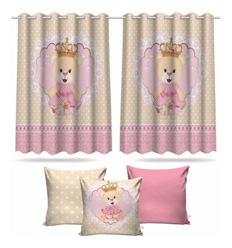 Imagem 1 de 9 de Cortina Infantil Ursinha Princesa + 3 Capas Almofadas