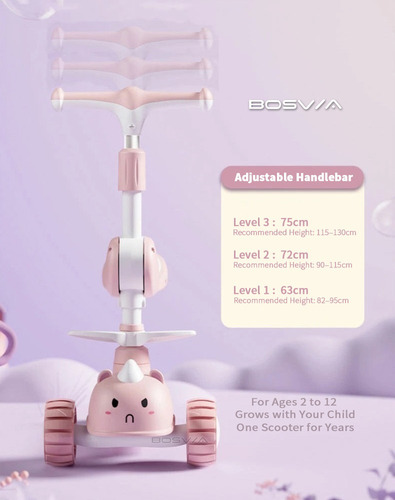 Scooter Infantil Ajustable Con Asiento 3 Ruedas Y Luz