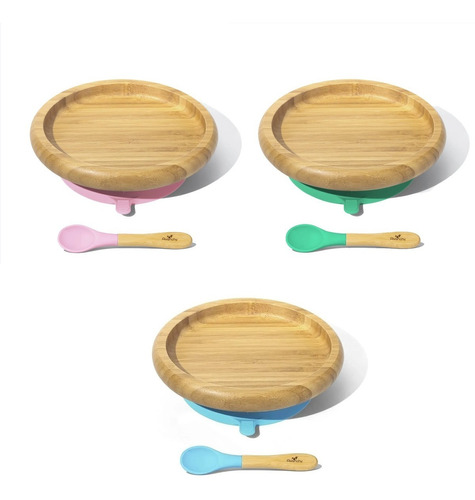 Plato Bebe Madera Bamboo Bambu Silicona Con Cuchara Avanchy