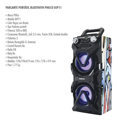 Parlante Bluetooth Philco Djp11 Activo Usb Luz Led Ritmicas