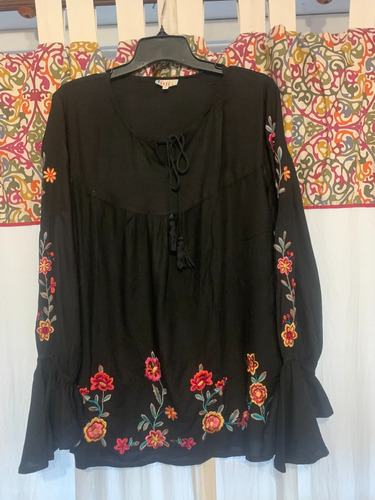 Blusa Negra Bordada Flores Colores Lotie Talle M Importada