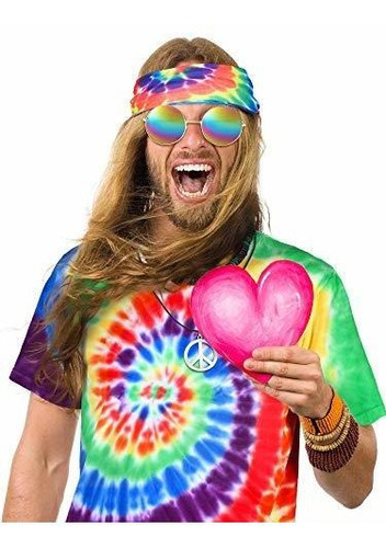 Headband and Sunglasses for Theme Parties Peace Sign Necklace 4 Pieces Hippie Costume Set Include Colorful Tie-Dye T-Shirt