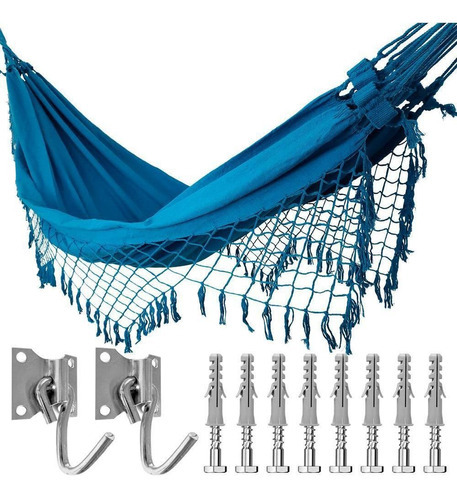 Kit Rede Dormir Casal Azul Claro + Ganchos Costura Reforçada