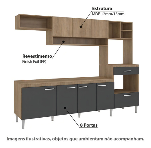 Cozinha Compacta Inova Iii Com 8 Portas E Tampo - Carvalho/g Cor Marrom