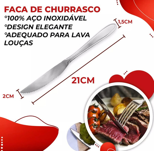 Jogo Faca De Mesa Inox 6 Pçs Cozinha Churrasco Buffet Full Cor Prateado