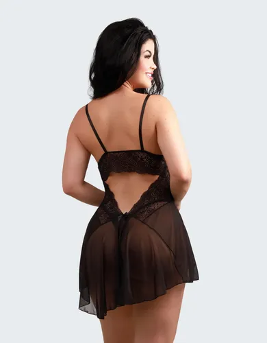 Camisola Tule Angelina Com Calcinha Decote Nas Costas Preto G